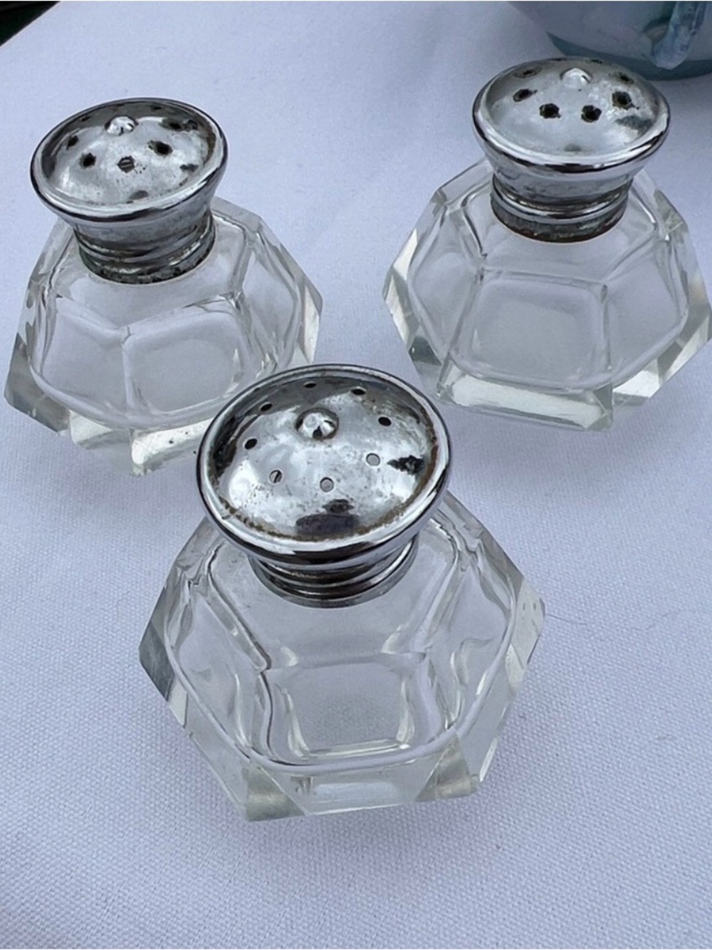 vintage faceted cut glass salt and pepper shakers with silverplate tops set of 3